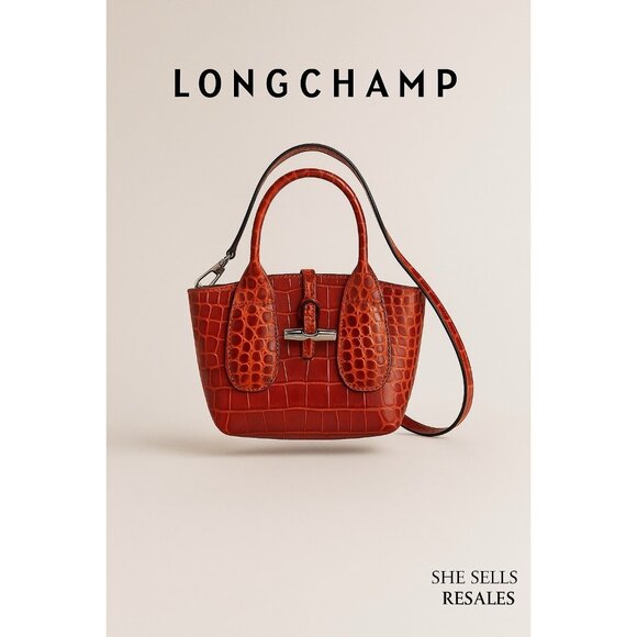 Longchamp Roseau Mine Croc Embossed Leather Shoulder Bag Marmalade Red NWT $495 - Picture 3 of 8